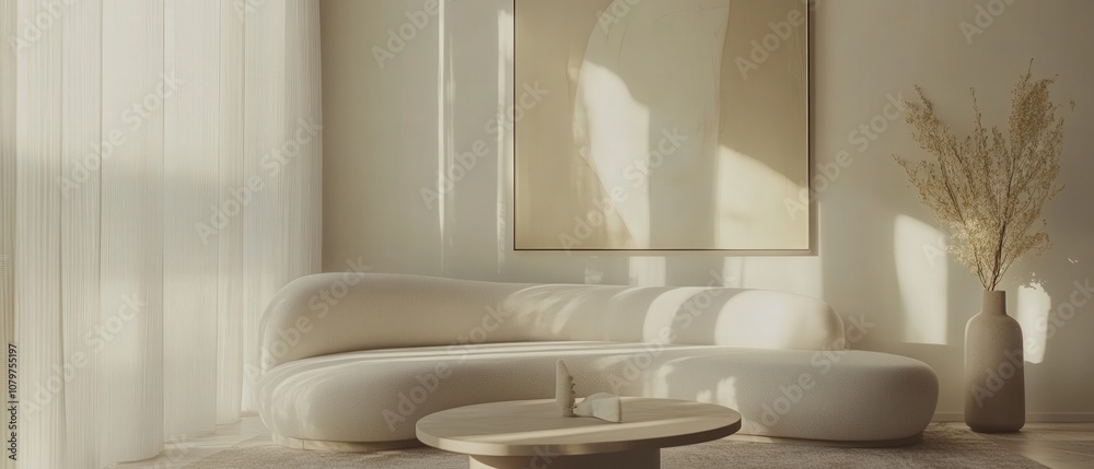 Cozy and serene living room with plush sofa and natural decor Cozy and serene living room with plush sofa and natural decor