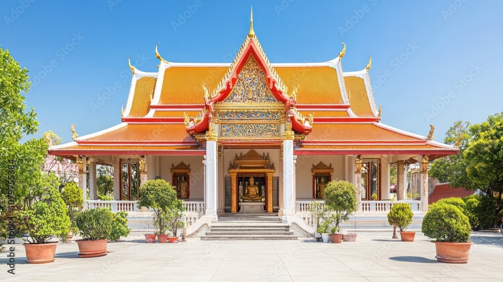 A vibrant temple with ornate architecture and lush greenery under a clear blue sky. A vibrant temple with ornate architecture and lush greenery under a clear blue sky.
