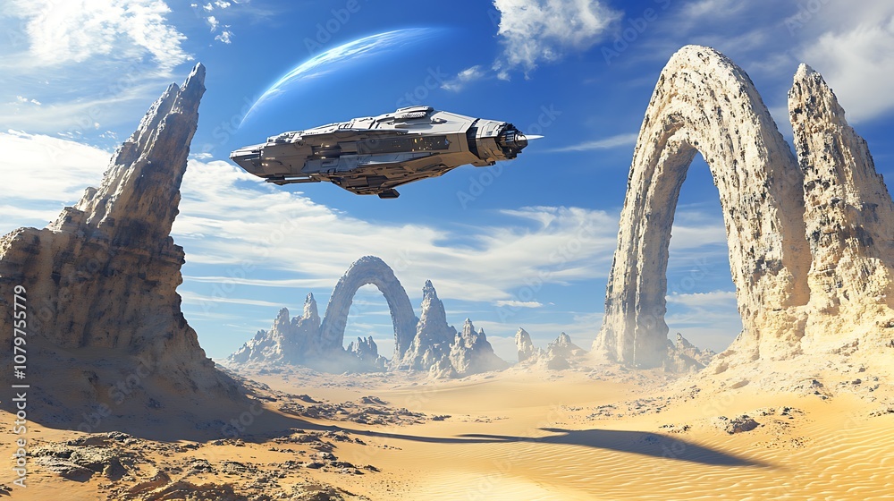 Fototapeta premium Spaceship Flying Over a Desert Landscape