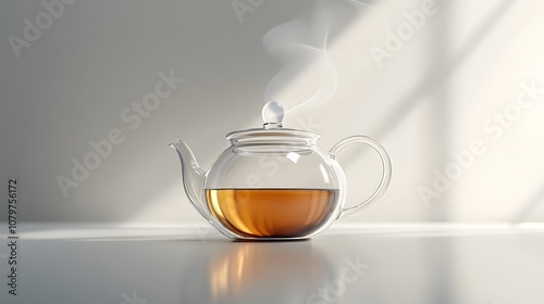 Steaming Glass Teapot with Amber Liquid on White Surface