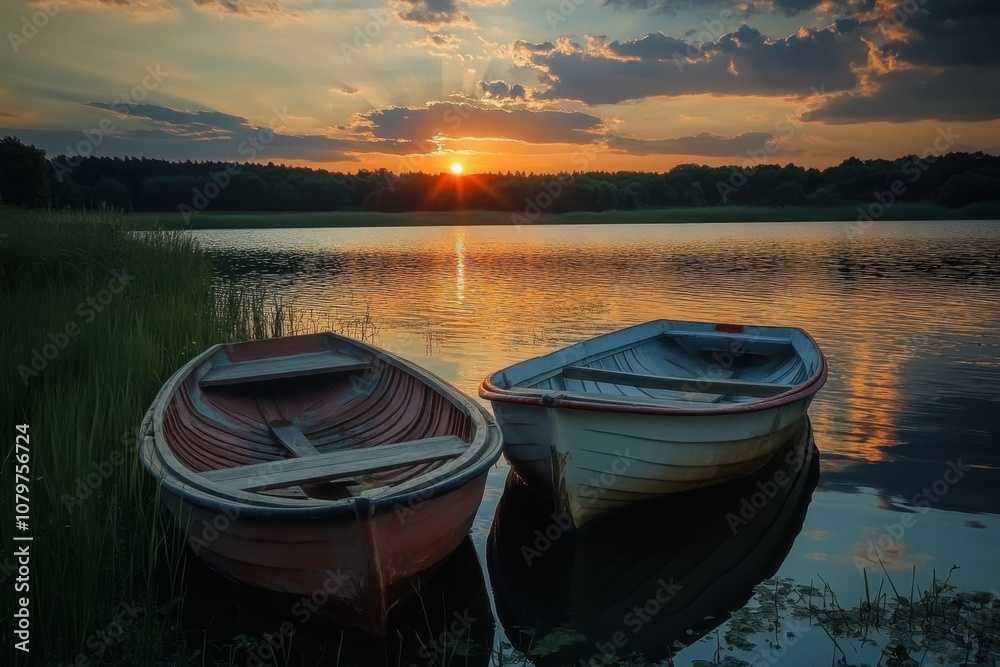 Fototapeta premium Two boats at sunset on a lake.