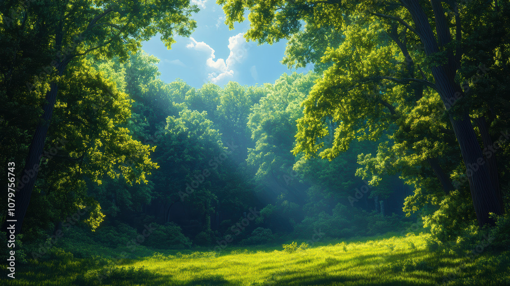 A lush green forest with a bright blue sky. The sun is shining through the trees, casting a warm glow on the grass. The scene is peaceful and serene, with the trees providing a sense of calm A lush green forest with a bright blue sky. The sun is shining through the trees, casting a warm glow on the grass. The scene is peaceful and serene, with the trees providing a sense of calm