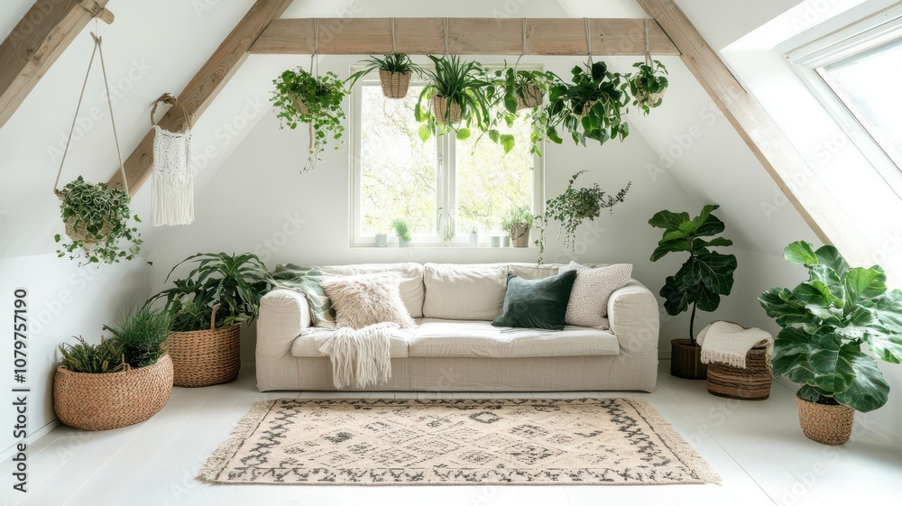 Living room with an open ceiling, plants hanging from beams, cozy rugs on the floor, and a natural, inviting feel open ceiling, cozy greenery Living room with an open ceiling, plants hanging from beams, cozy rugs on the floor, and a natural, inviting feel open ceiling, cozy greenery