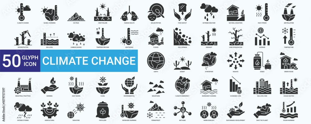 Climate change icon set with global warming, human health, temperature, earth, heat, atmospher, burning, and deforestation Climate change icon set with global warming, human health, temperature, earth, heat, atmospher, burning, and deforestation