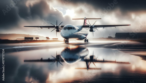A regional turboprop plane on a wet runway after rain, with reflections of the plane on the wet sur4