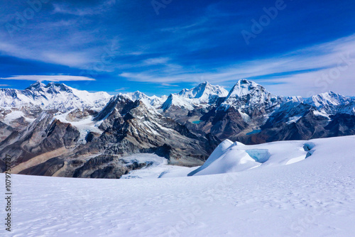 Mount Everest,8848 m,Lhotse,8516 m,Mount Makalu,8485 m - Stunning wide angle view of 3 highest mountains in the world from Mera Peak central summit,6461 m,Mera Peak Expedition,Nepal 