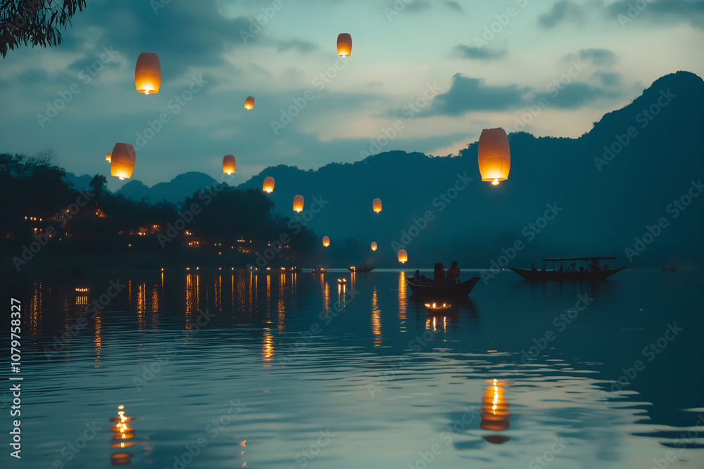 Fototapeta premium Flying traditional paper sky lantern at night, Thailand traditional festival Loy Kratong.