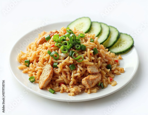 Chicken Fried Riceon a white plate isolated on white background photo