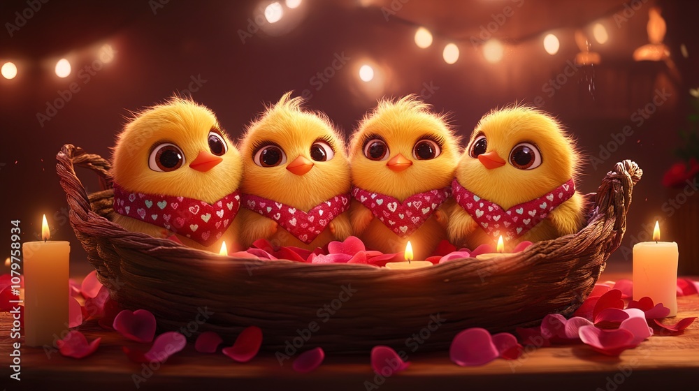 Obraz premium Four Cute Baby Chicks in a Basket with Heart-Shaped Scarves and Rose Petals
