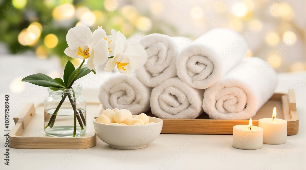 Luxurious Spa Still Life with Orchids, Towels, and Candles Luxurious Spa Still Life with Orchids, Towels, and Candles