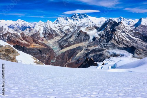 Magnificent Grand Himalayan panorama of Mount Everest,Lhotse and Nuptse,with lenticular clouds on top and other 7000ers in the frame from the summit of Mera Peak central,Mera Peak expedition,Nepal 