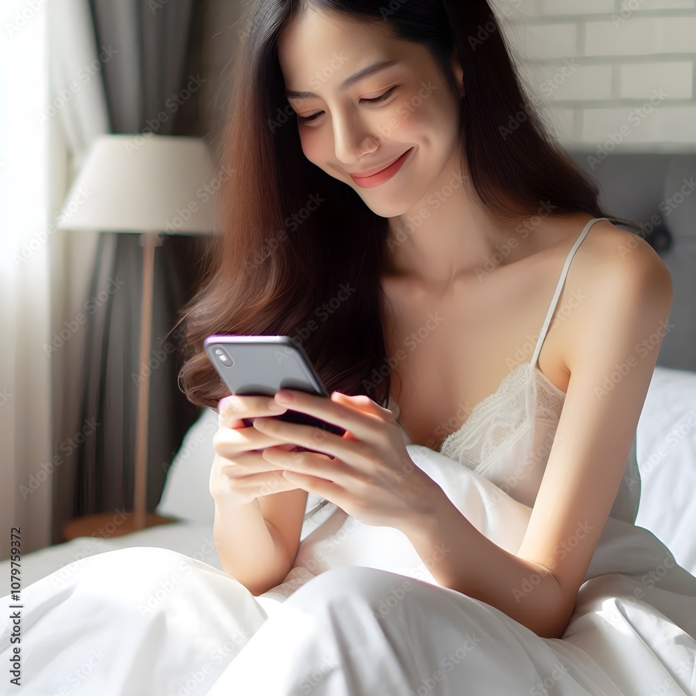A woman is using her phone on her bed A woman is using her phone on her bed