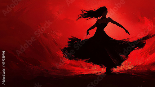 silhouette of flamenco dancer in dramatic pose, swirling in vibrant red background, evokes passion and energy