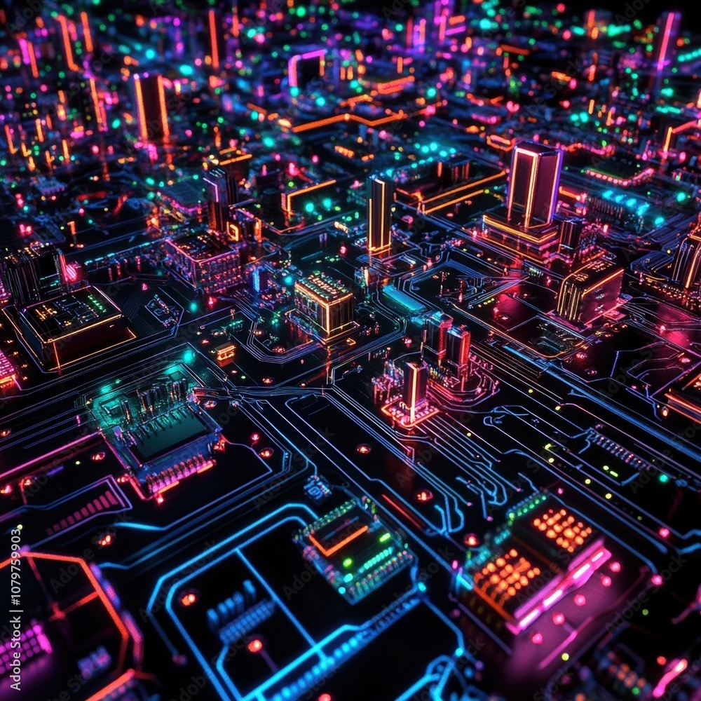 Futuristic neon city skyline with glowing circuit board details Futuristic neon city skyline with glowing circuit board details