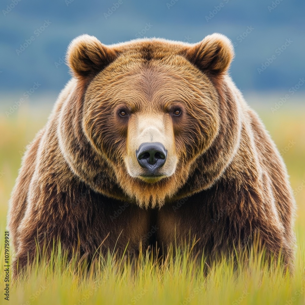 Close-up portrait of a majestic brown bear in a grassy field Close-up portrait of a majestic brown bear in a grassy field