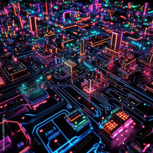 Futuristic neon city skyline with glowing circuit board details