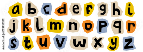 Paper cut out alphabet collection. Colorful capital letter collage set. Craft doodle kid font elements bundle for decoration, poster, banner, print. Ransom style lowercase abc pack. Vector 