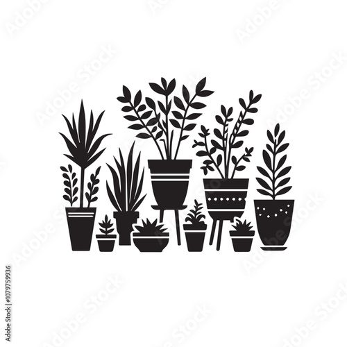 Tree silhouette with tree pot. Indoor tree silhouette. Small tree vector silhouette black and white.