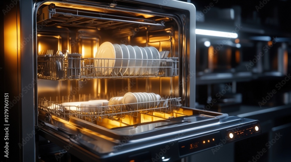 Dishwasher with clean plates and cutlery inside Dishwasher with clean plates and cutlery inside