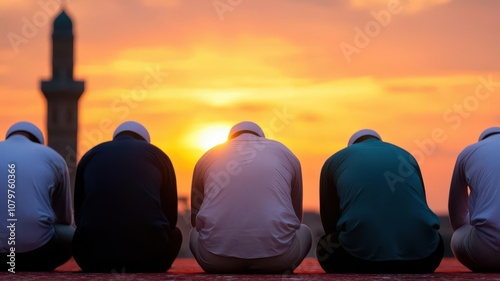 Muslim worshippers kneeling in prayer at a mosque during sunset, facing Mecca in devotion   Islamic prayer, religious devotion photo