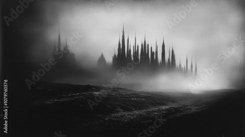 Fototapeta Naklejka Na Ścianę i Meble -  Mysterious gothic city skyline in the fog