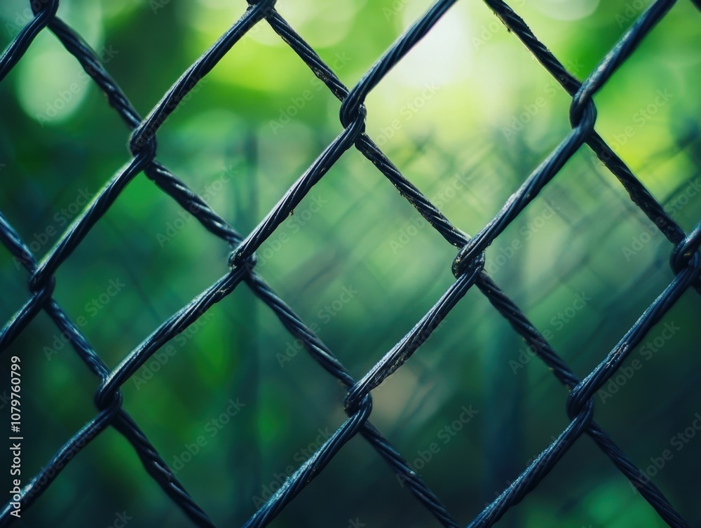 Close-up view of a black metal wire mesh fence against a blurred green background Close-up view of a black metal wire mesh fence against a blurred green background