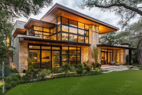 Stunning modern home with large glass windows and wooden accents surrounded by lush greenery