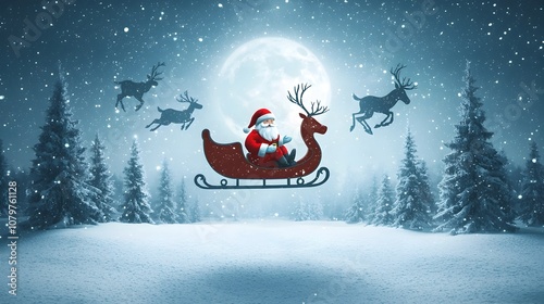 Santa s Sleigh Soaring Through Moonlit Snowy Forest in Festive Wonder