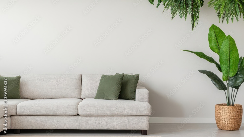 Openconcept living space with a cozy sectional, large potted plants, and greenery hanging from ceiling beams openconcept, greeneryfilled space Openconcept living space with a cozy sectional, large potted plants, and greenery hanging from ceiling beams openconcept, greeneryfilled space