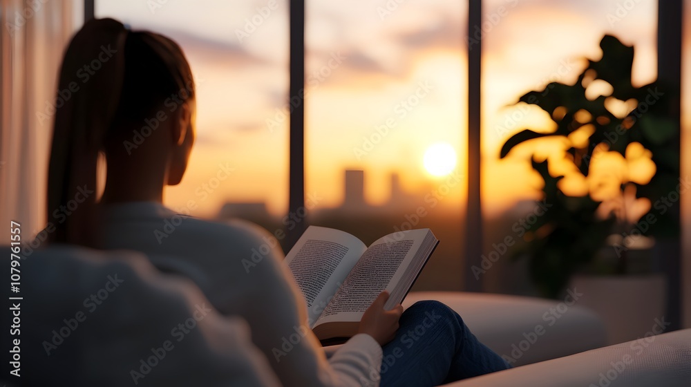 Woman Reading a Book in Cozy Living Room with Warm Ambient Lighting and Soft Textures Woman Reading a Book in Cozy Living Room with Warm Ambient Lighting and Soft Textures