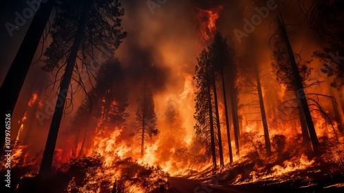 A forest fire rages in the night, engulfing the trees in a fiery inferno.