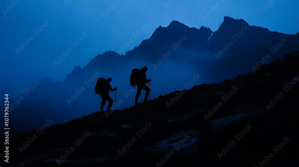 Two Hikers Ascending a Mountain at Dusk