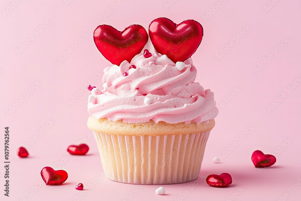 Saint Valentines Day background. Cupcake or tartlet with pink meringue cream decorated with two big red hearts, love symbol, and small heart shape candies. with generative ai Saint Valentines Day background. Cupcake or tartlet with pink meringue cream decorated with two big red hearts, love symbol, and small heart shape candies. with generative ai