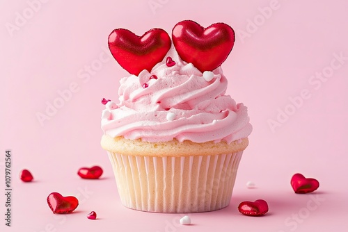 Saint Valentines Day background. Cupcake or tartlet with pink meringue cream decorated with two big red hearts, love symbol, and small heart shape candies. with generative ai