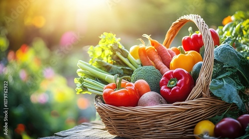 Freshly harvested organic vegetables in a wicker basket under natural sunlight.