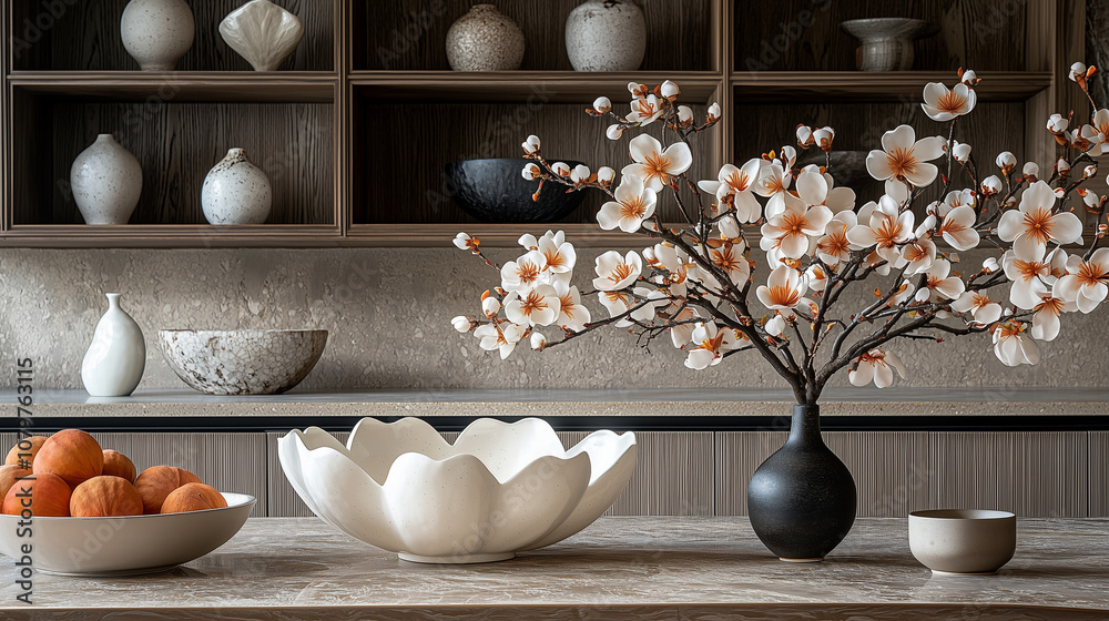 Minimalist Home Decor: A serene and stylish living space with a touch of nature. A simple yet elegant vase with delicate cherry blossoms branches stands on a wooden table.
