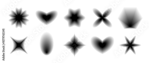 Black smooth blurred gradient form set. Grunge goth blurry aura shape collection. Fading abstract elements for poster, template, badge, sticker, collage. Vector flowers, stars, hearts and diamond pack