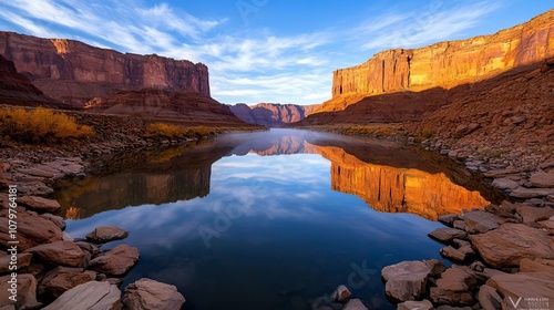 Towering canyon walls reflected in a quiet river winding through the rocky terrain, with rich earth tones and soft, early morning mist creating a tranquil, awe-inspiring scene