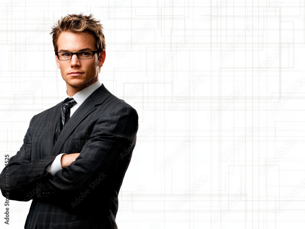 A confident businessman in a suit poses with arms crossed against a minimalist background. A confident businessman in a suit poses with arms crossed against a minimalist background.