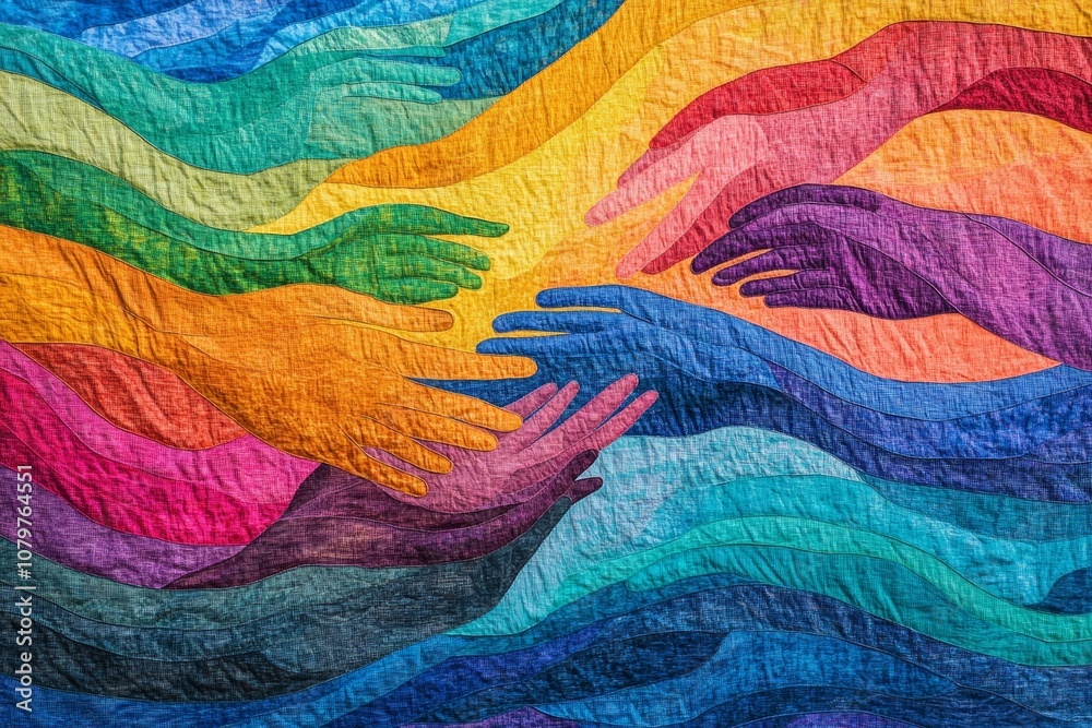 Abstract Quilt with Rainbow Hands Reaching Up