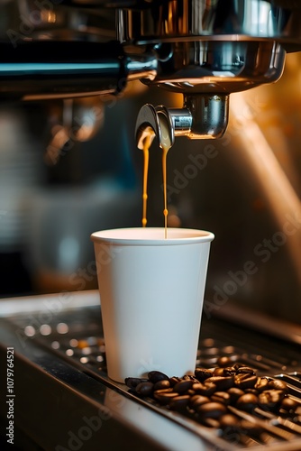 a white paper coffe cup mock up is being filled with coffee from an espresso machine