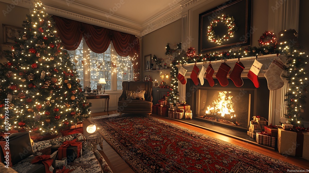 Charming Christmas living room, traditional tree with red and gold decorations, stockings on the mantel, fairy lights providing a soft glow, cozy fireplace with flickering flames, Charming Christmas living room, traditional tree with red and gold decorations, stockings on the mantel, fairy lights providing a soft glow, cozy fireplace with flickering flames,