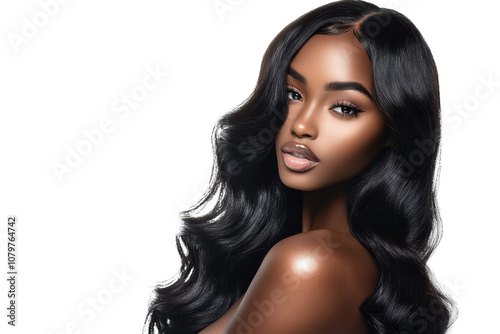 A black stunning woman rich dark skin with a long wavy hairstyle
