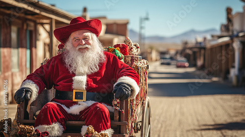 Santa Claus in red cowboy hat and boots, joyfully riding decorated wagon through rustic town. festive spirit shines in this charming scene