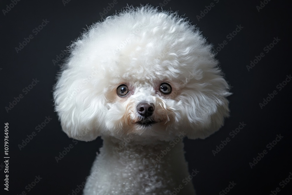 Closeup portrait of a fluffy white poodle dog with big eyes against a dark background Closeup portrait of a fluffy white poodle dog with big eyes against a dark background