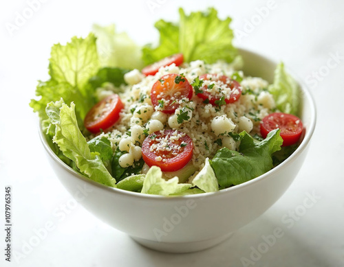 Classic Caesar salad with croutons and Parmesan cheese, isolated on white background photo