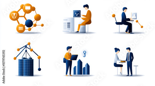 set of flat one color icons featuring business and technology themes, including data analysis, teamwork, and project management. These icons represent modern work environments and collaboration