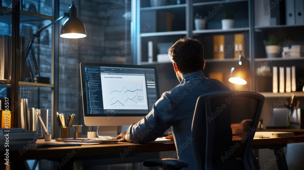 man working at desk in modern office, analyzing data on computer screen. room is dimly lit, creating focused atmosphere for productivity