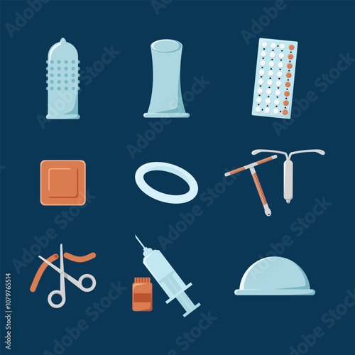 A flat vector infographic of various birth control methods. Perfect for educational content, health awareness, or medical presentations.