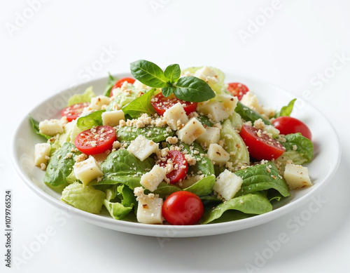 Classic Caesar salad with croutons and Parmesan cheese, isolated on white background photo